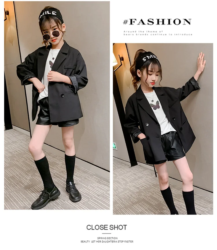 Eleganter Kinder-Blazer in Schwarz, Hochzeitsjacke für Mädchen im englischen Stil, formelle Kleidung, lockerer Freizeitanzug für Kinder. – Detail 4
