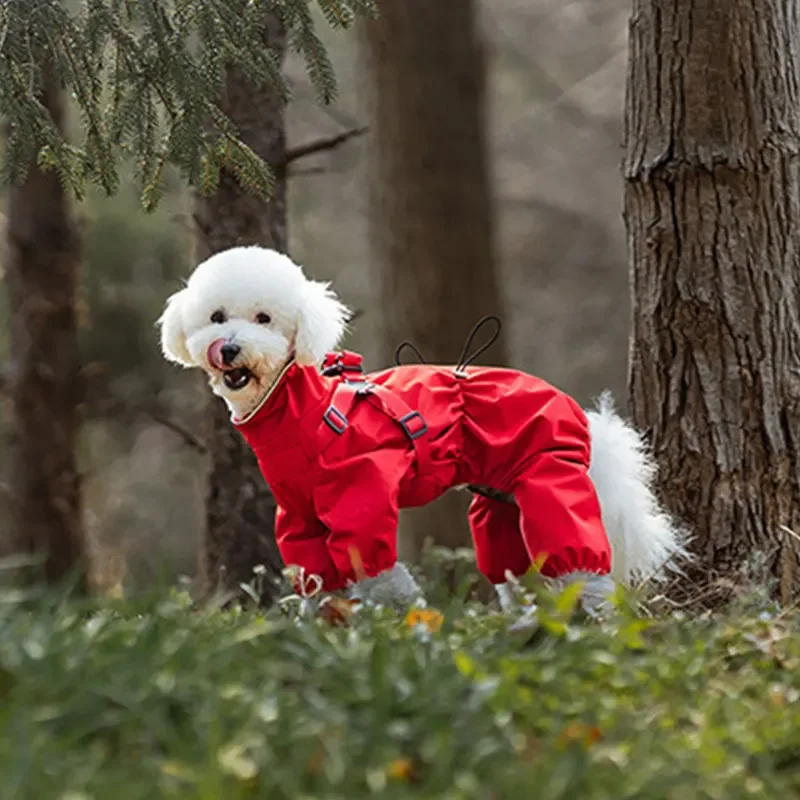Hunde-Regenmantel mit Geschirr, wasserdichte Jacke für kleine Hunde, verstellbarer, reflektierender Hunde-Regenoverall, vierbeiniger Regenmantel für Haustiere. – Detail 9