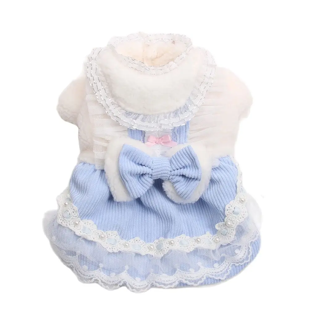 Princess Dog Cat Warm Dress Double Lace&Bow Design Puppy Winter Coat Outfit for Female Dogs Cats