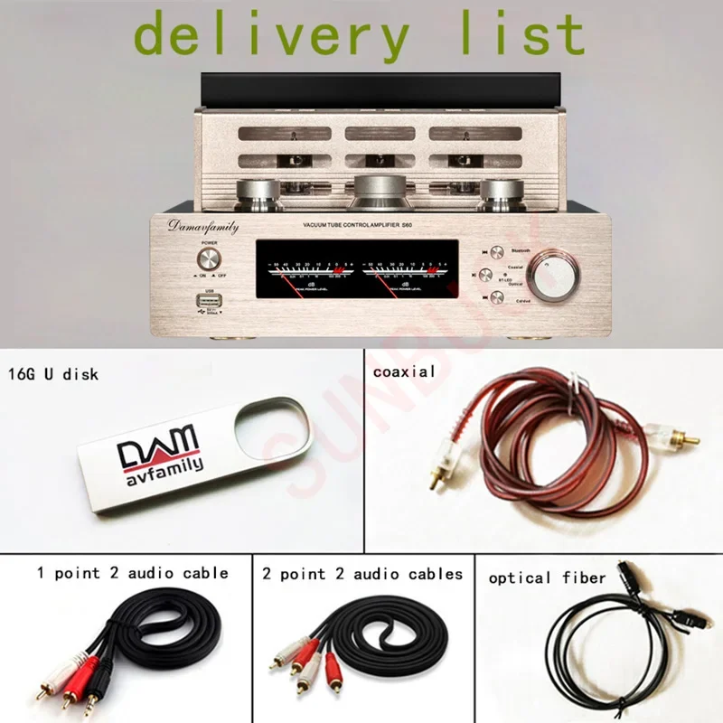 SUNBUCK 2.0 Stereo 100W+100W High Power Coaxial Fiber Bluetooth 6H3N HIFI Vacuum Tube Amplifier Audio