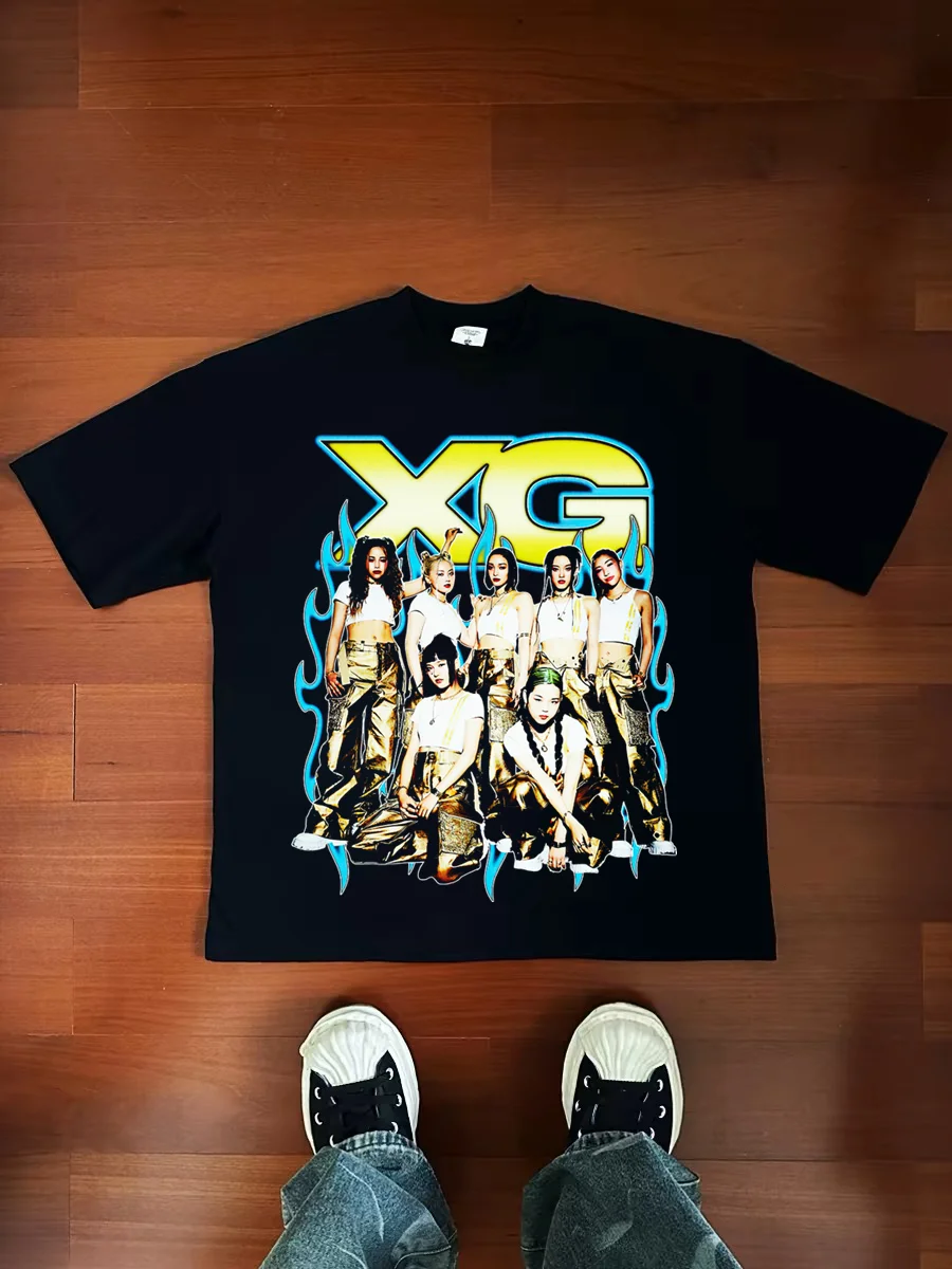 XG Girl Group Jurin Chisa اليابانية الراب ريترو VTG الشارع الأمريكي مروحة دعم طويلة الأكمام تي شيرت رجالي