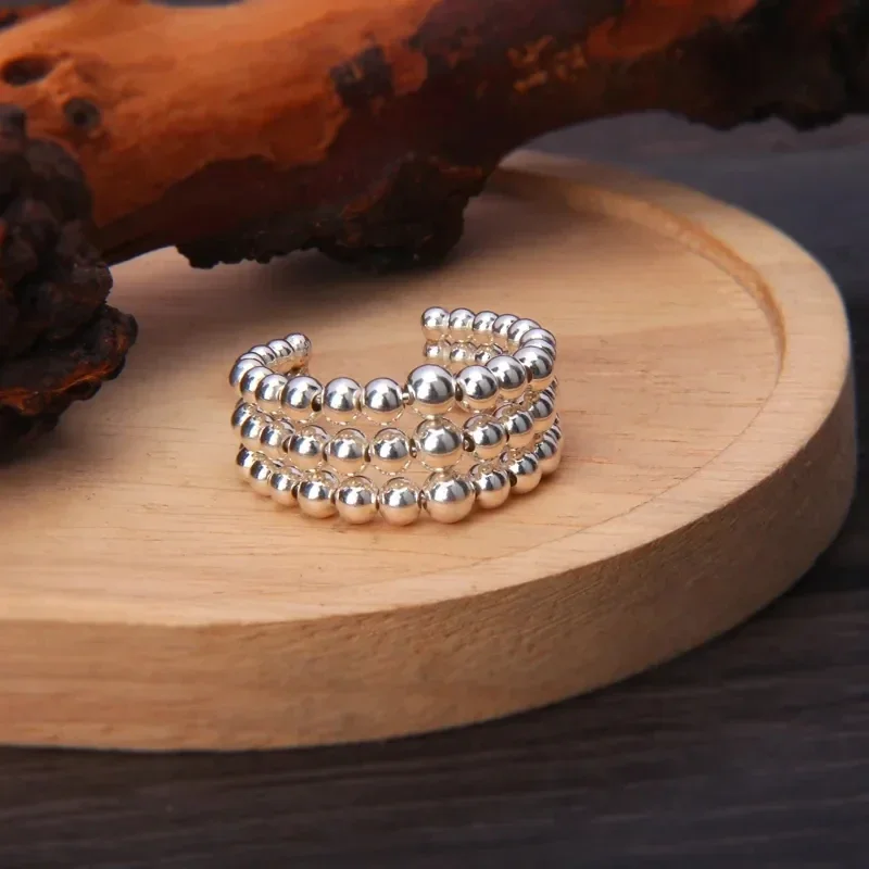 Three Layer Round Bead Opening Ring Korean Version Silver Color Female Fashion Personality Tyle Design Same As Popular Blogger