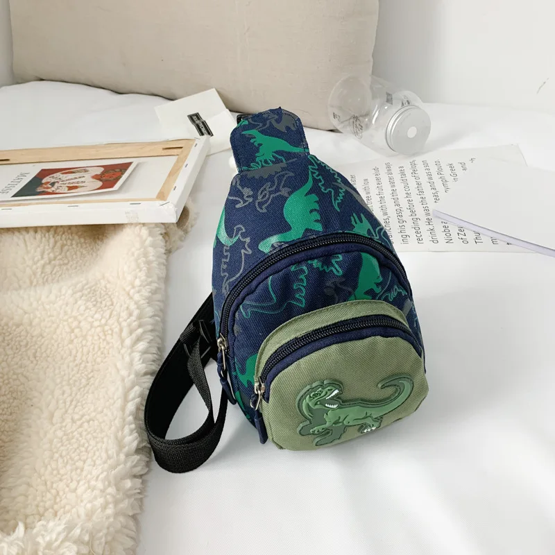 Bolso de hombro de dinosaurio para niños y niñas, bolsa de pecho informal con estampado de dibujos animados, con cremallera