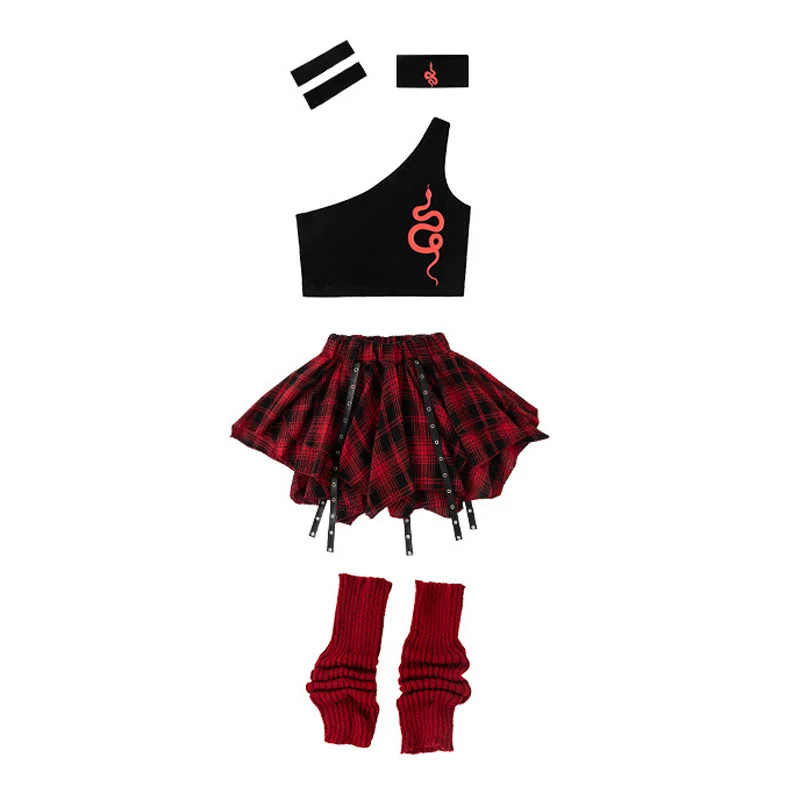 Mädchen Street Dance Kleidung One-shoulder Crop Top Snake Print Hosen Plaid Rock Cheerleading Kostüm Kpop Hip Hop Bühne outfits