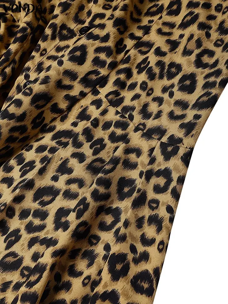 Plus Size 5XL VONDA Fashion Leopard Print Maxi Vestidos Women Autumn Lantern Sleeve Long Shirt Dress Pleated Elegant Party Robe