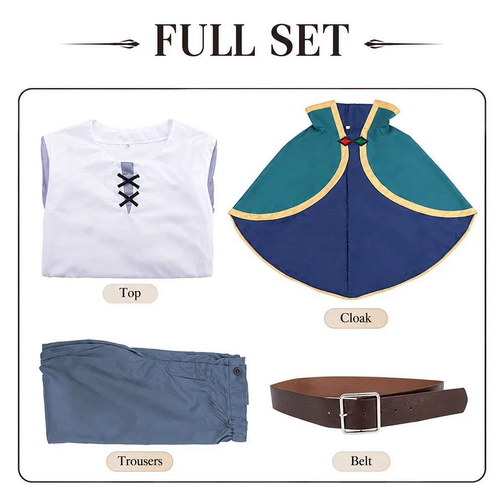 Anime KonoSuba Kazuma Satou Cosplay Costume Green Cloak Shirt Pants Belt Full Set Halloween Carnival Party Role Play Outfit - view 4