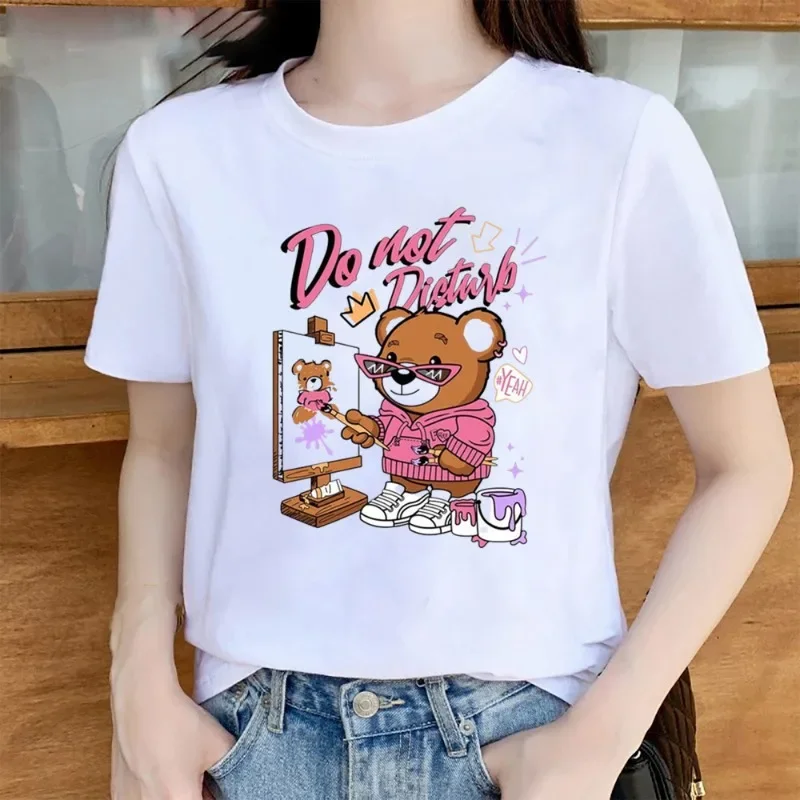 Explosive Korean Version of Instagram Bear Print Short-sleeved Loose T-shirt Blouse White Minority T-shirt Harajuku  Graphic