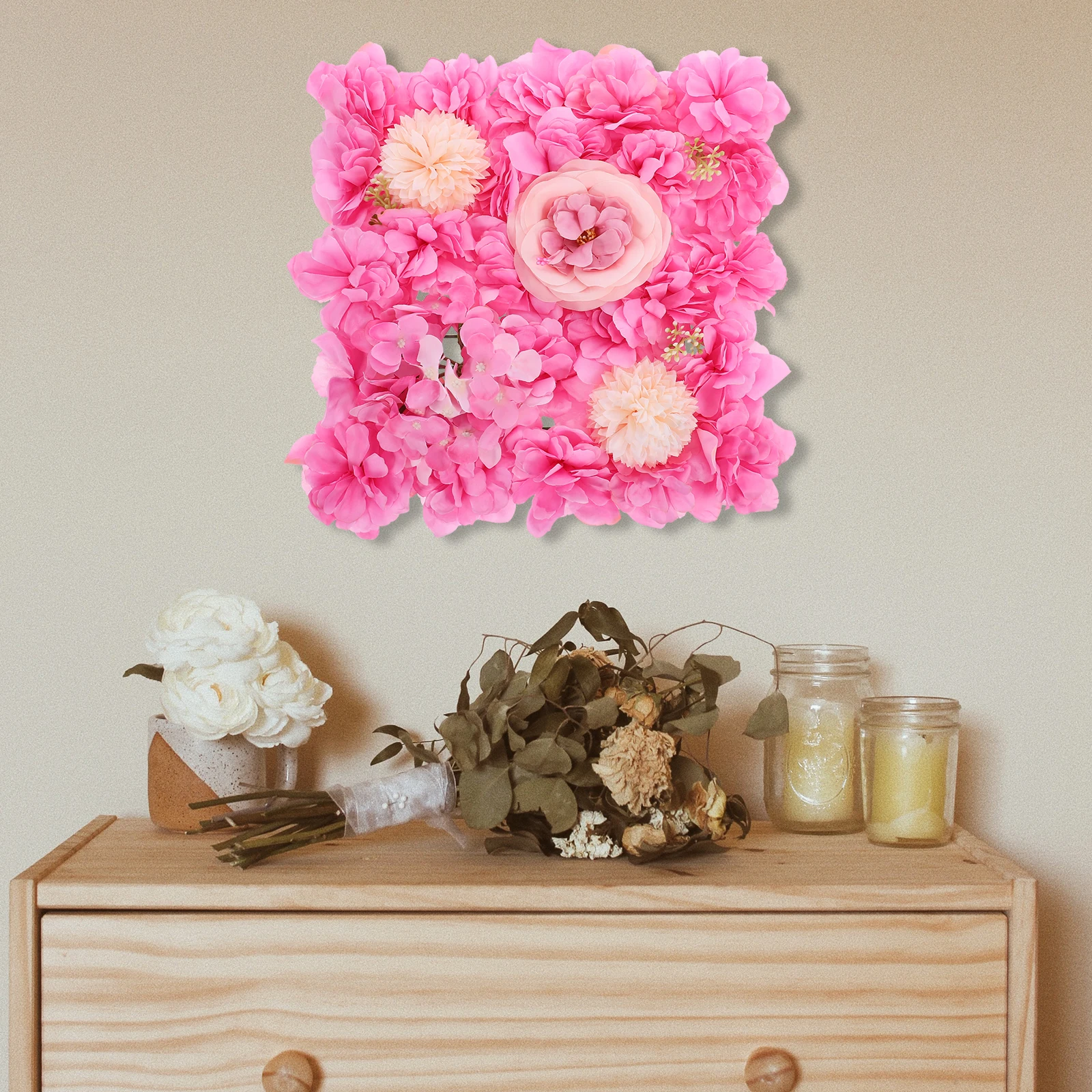 

Artificial Rose Wall Panel Decor Pink Flower Backdrop for Wedding Party Home Long Lasting Plastic Flower Wall Decor Panel