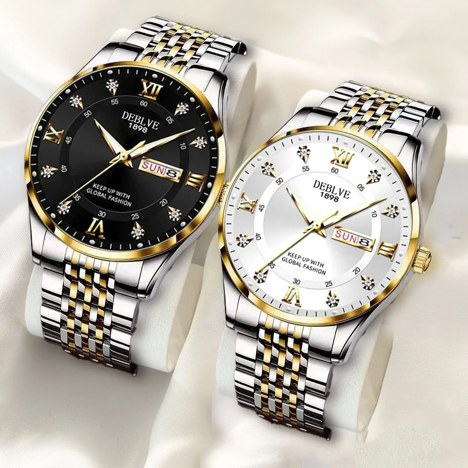 ساعة رجالية فاخرة من الفولاذ المقاوم للصدأ بجودة ضغط وزر مخفي ومشبك مقاوم للماء ومضيئة للتاريخ والأسبوع ساعة يد رياضية