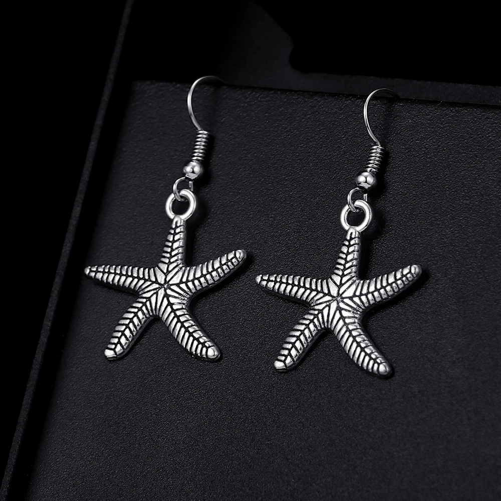 Trendy Vintage Starfish Shape Dangle  Antique Silver Plated Earrings for Women and Man Retro Cute Punk Drop Earrings Jewelry