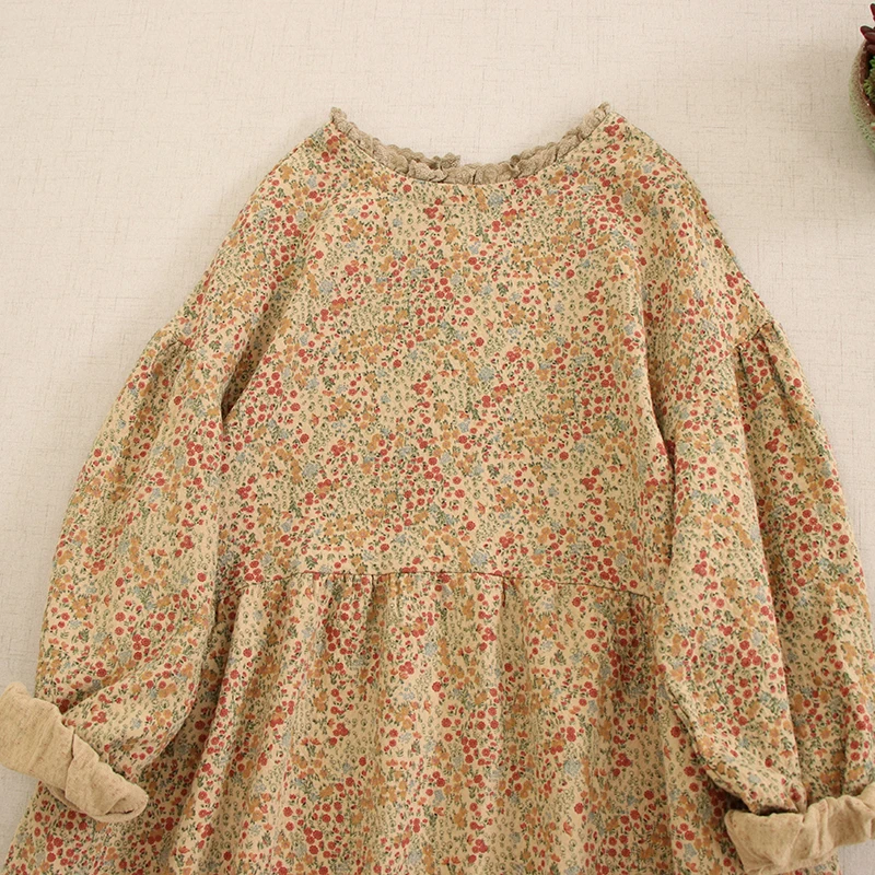 Sweet Mori Girl Vintage Floral Print Loose Cotton Dress Women Spring Autumn O-Neck Long Sleeve Retro Casual Midi Dresses