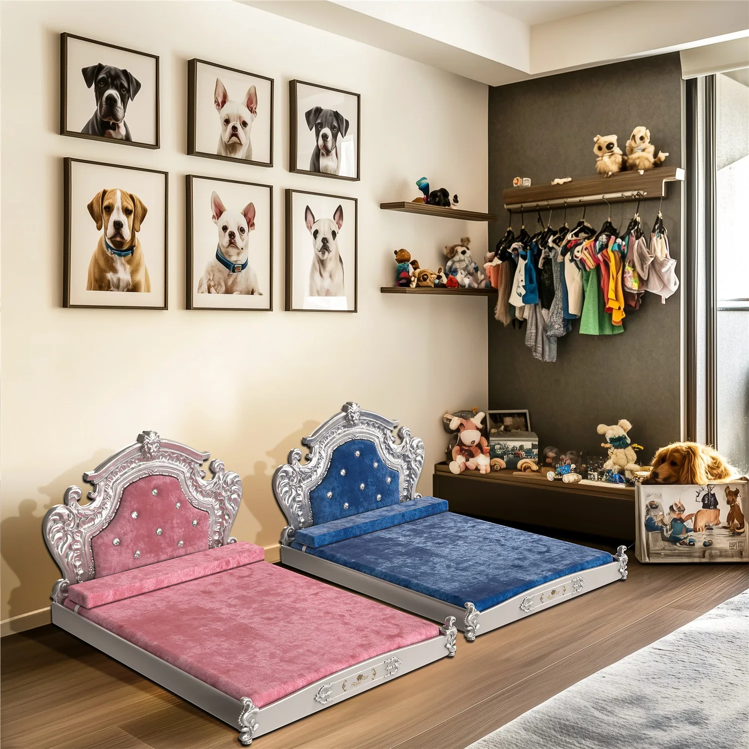 Bingopaw Luxury Pet Bed with Headboard, Dutch Velvet Dog Cat Bed for Medium and Large Dog, European Style Noble Pet Bed