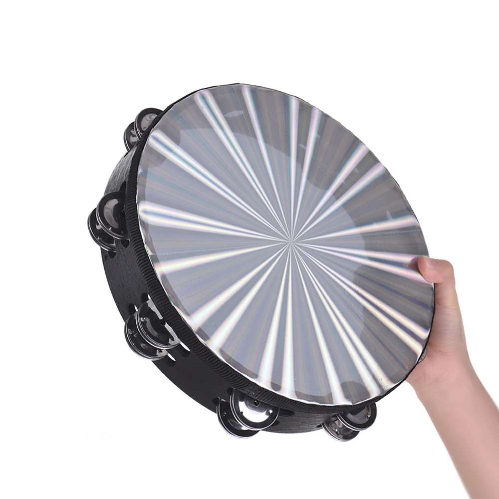 8/10 In Wooden Radiant Tambourine Handbell Hand Drum with Double Row Jingles Reflective Drum Head Musical Percussion Instrument