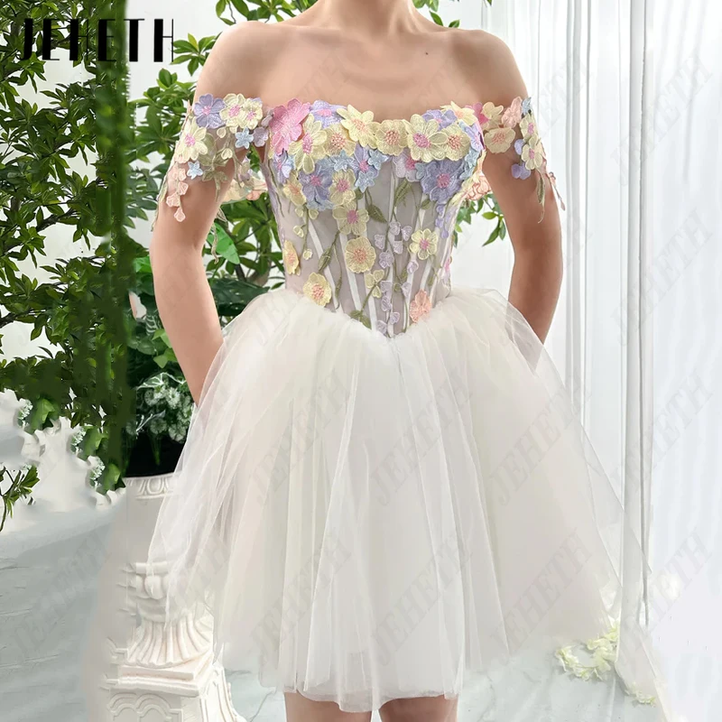 JEHETH Mini 3D Flowers Prom Dress Sweetheart Pastoral Party Backless abito da sera Luxury graduacion Women Tulle Robes De Soirée Mini 3D Flowers