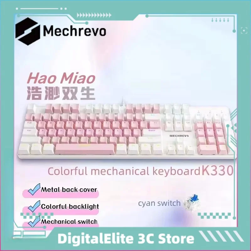 Mechrevo K330 Mechanical Keyboard Wired Gaming Keyboard Metal Panel 104 Key Mixed Color Backlight White Pink Color Cyan Switch