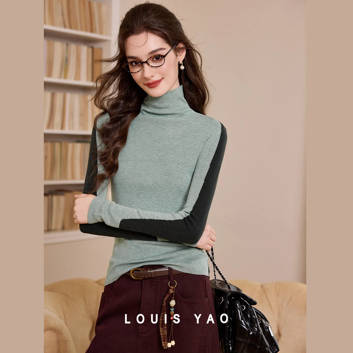 

LOUIS YAO Wool Contrasting Color Outerwear 2025 Autumn/winter Knitted Sweater High Neck Women's Knitted Sweater