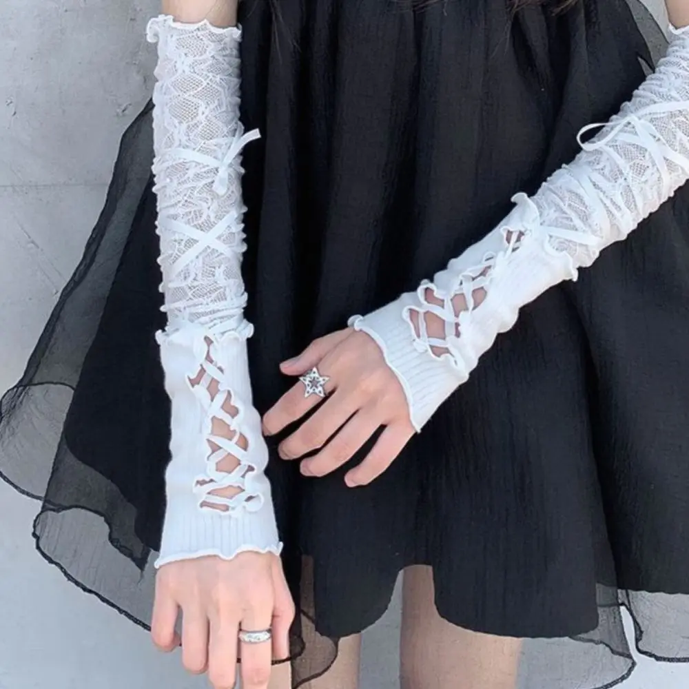 Women Lace Fingerless Gloves Balletcore Style Y2K Arm Sleeves Summer Sun Protection Elastic Bandage Warmers