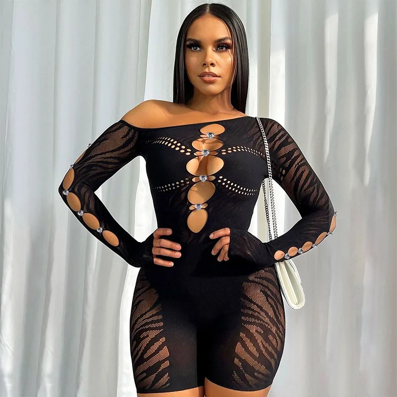 المرأة محبوك الجوف خارج الماس Bodycon السروال القصير ، مائل الكتف ، كم طويل ، عالية الخصر ، نحيل Playsuit ، نادي ملابس الحفلات ، الخريف