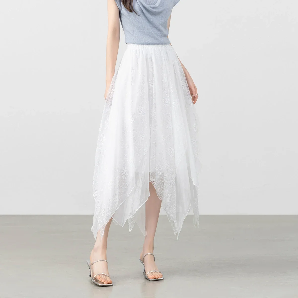 SENTUBILA  Asymmetrical White Lace Skirts for Women Summer 2026 Elegant A Line Flowy Long Skirt Ladies Clothes W62QE7057