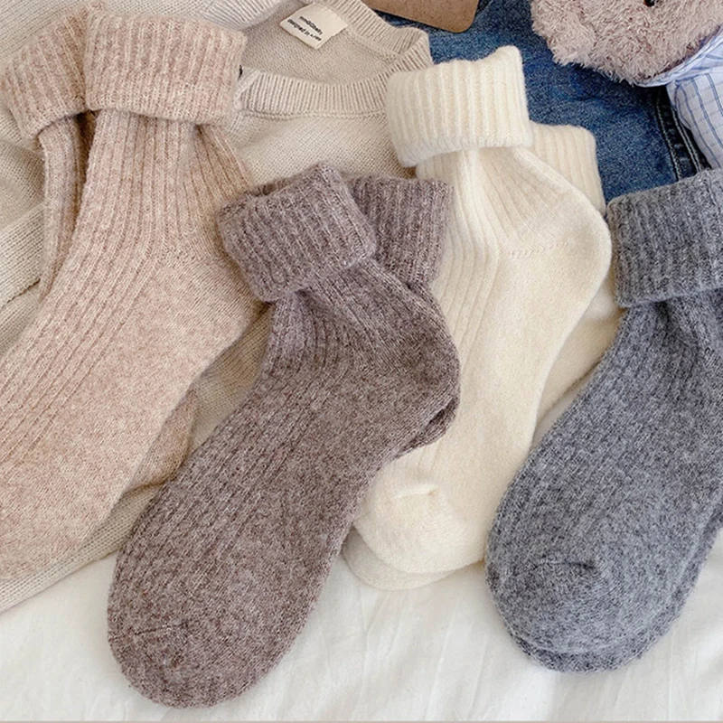 CHAOZHU-calcetines gruesos y cálidos de lana para mujer, medias básicas de alta calidad, colores sólidos, caqui, negro, blanco, invierno, 3 pares