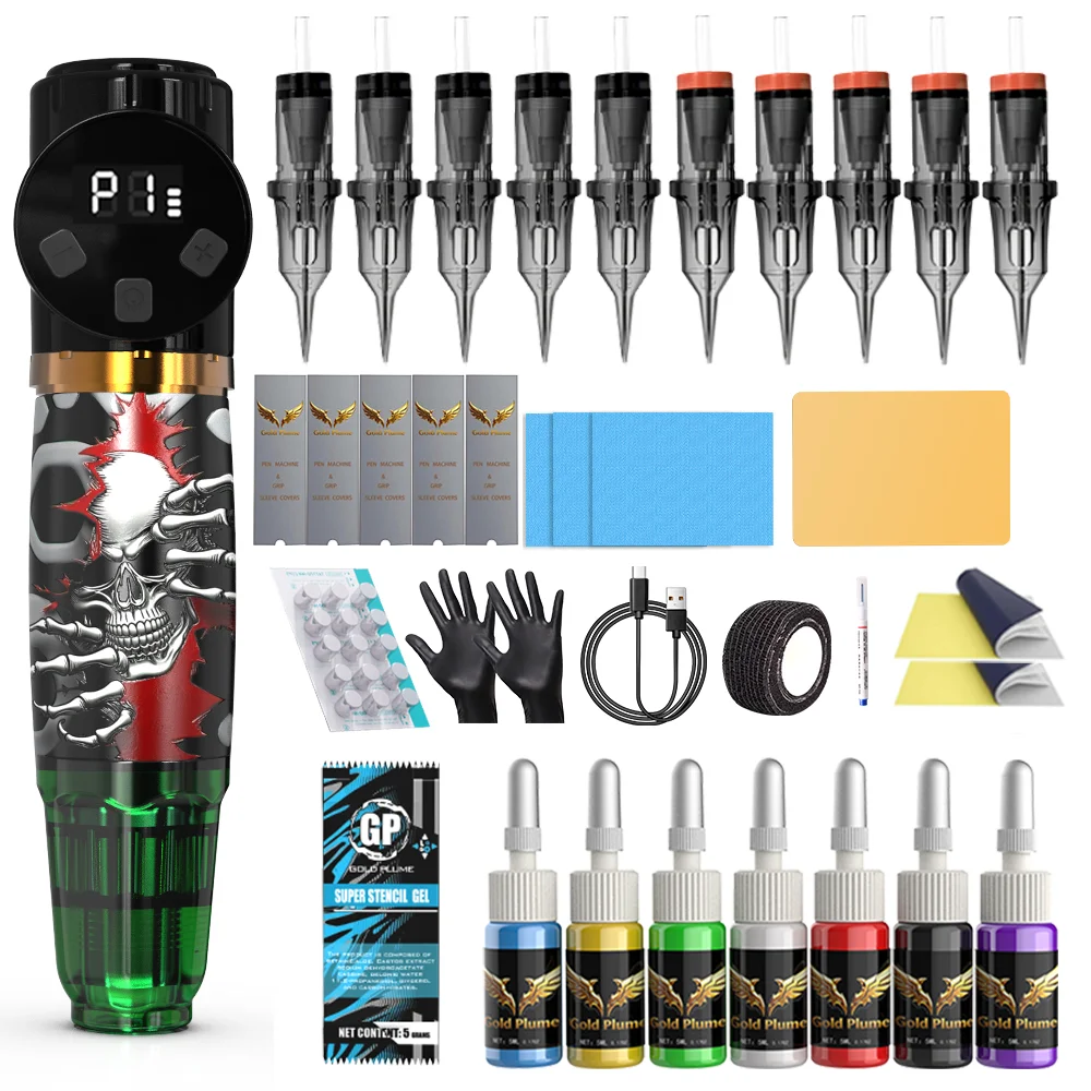 

Gold PlumeAll-in-One Cordless Tattoo Pen Full Kit 1100mAh Long Lasting Battery 10PCS Tattoo Needles 7 Bottles 5ml Tattoo Ink Professional Tattoo Tools