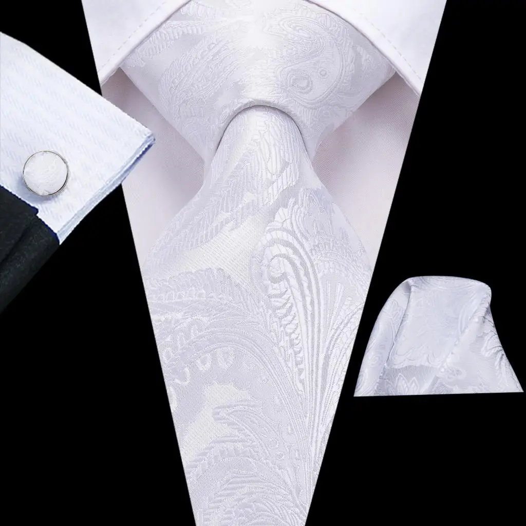 Elegent homens laços branco floral hanky abotoaduras conjunto de seda gravatas festa de casamento negócios gravata masculina 2023 nova marca de moda hi-tie