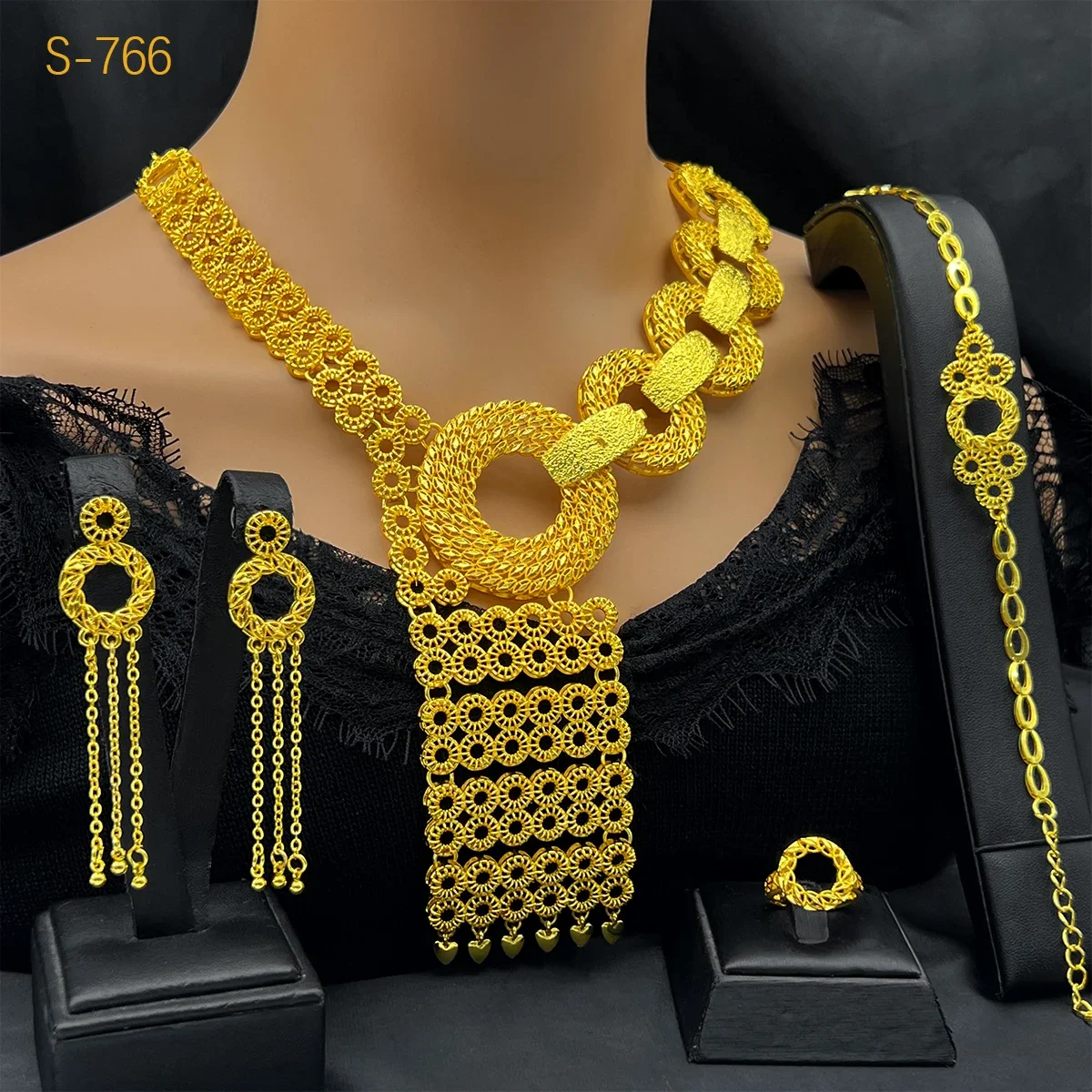 Indian 24K Gold Color Long Necklace Jewelry Set For Women Bridal Dubai Nigerian Choker Necklace Bracelet Earring Ring Sets Gifts