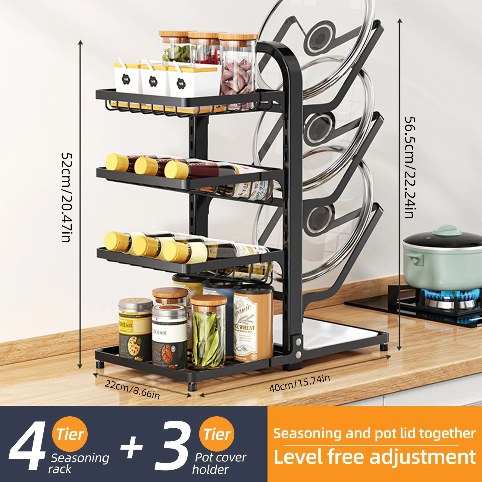 Spice and Pot Cover Rack Carbon Steel 2-Sided 7-Tier Pantry Plates Spice Rack for Cabinet Adjustable Height Multi-Tier Pot Lid