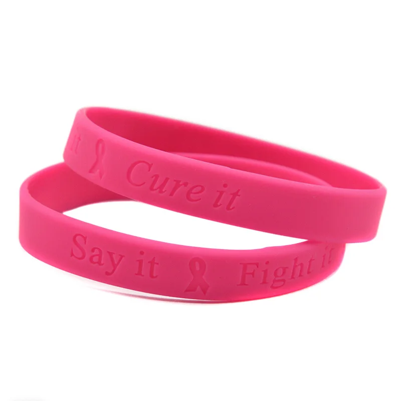 1 Stück/6 Stück geprägtes Silikon-Armband mit der Aufschrift „Say It, Fight It, Cure It“ zur Förderung der Aufmerksamkeit für Brustkrebs – Detail 3