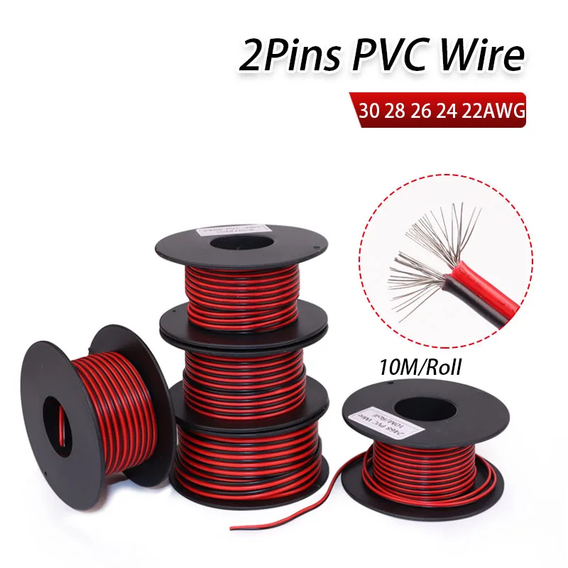 10M/Roll 2Pins Wire 30 28 26 24 22AWG Double Parallel Flat Wire PVC Insulated Tin Plated Copper Electric Cable Ribbon LED