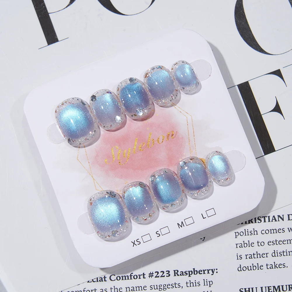 10 Uds. De uñas postizas hechas a mano, ojo de gato con Flash azul, cobertura completa para mujeres y niñas, arte de uñas usable extraíble de frijol corto