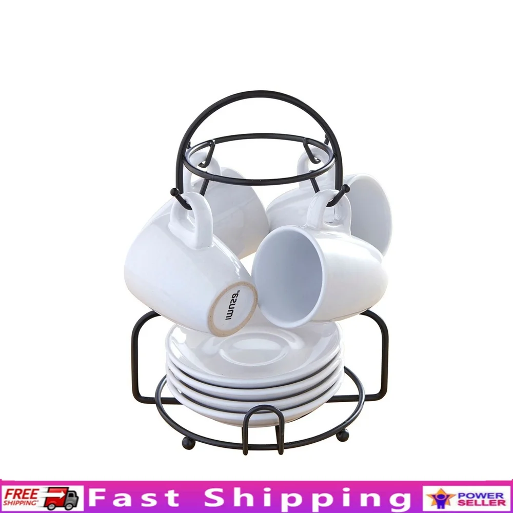 Juego de café expreso blanco de 8 piezas, tazas de gres, platillos con rejilla cromada, servicio de café Ideal para Bar en casa