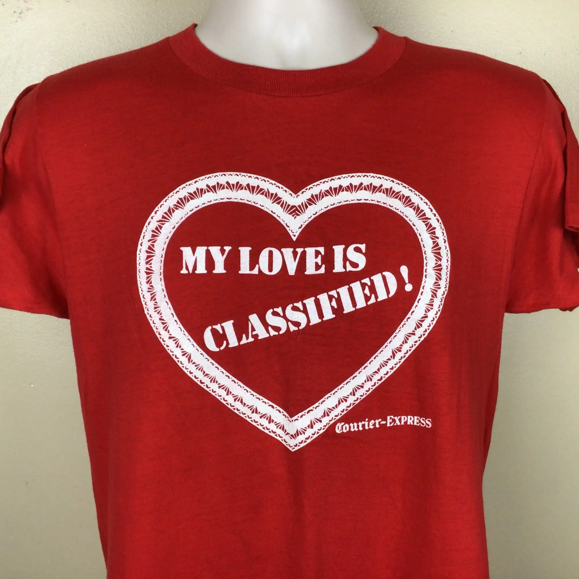 Vtg 80s My Love Is Classified TShirt Red M/L Courier Express Newspaper Buffalo NY Screen Stars