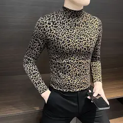 Korean Trend Fashion Autumn Bottoming Shirt Men Mock Neck Leopard Printing High Street Long Sleeve Slim Pullovers T-shirt Tops