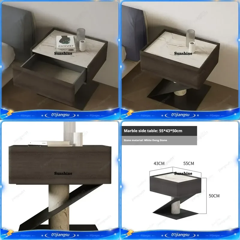 Minimalist Solid Wood Nightstand Natural Marble Top Designer Bedside Table One Piece Cutting Eco Friendly Customizable Modern