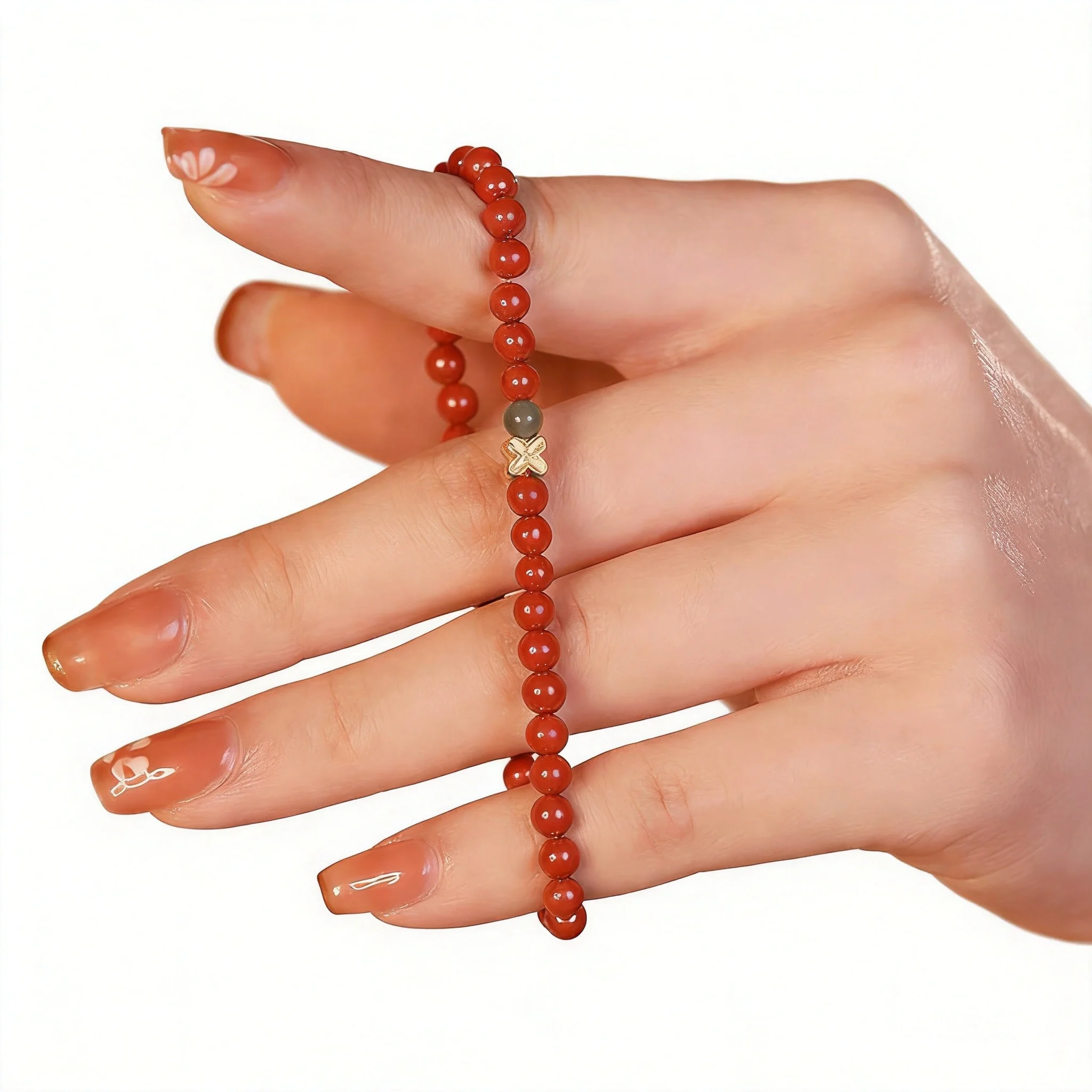 Chinese Style High Purity Imperial Cinnabar Beaded Bracelet 4mm 6mm Hetian Jade Flower Charm Lucky Fortune Blessing Jewelry For