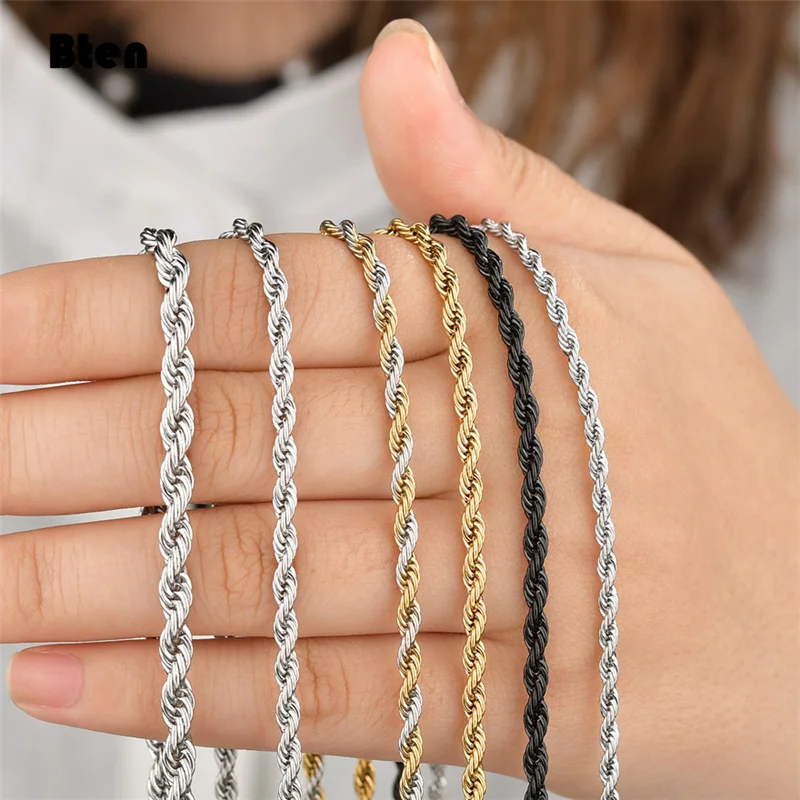 BTEN 2mm-6mm Łańcuch linowy Naszyjnik ze stali nierdzewnej Nigdy nie blakną Wodoodporny Choker Mężczyźni Kobiety Biżuteria Złoto Srebro Kolor Łańcuchy Prezent