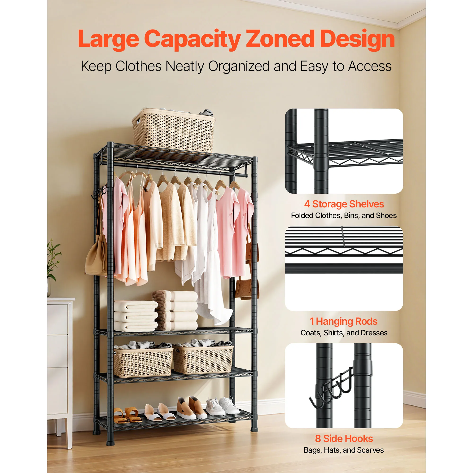 VEVOR Clothing Garment Rack 3/4 Adjustable Tiers with Carbon Steel 450/500 lbs Closet Wardrobe for Bedroom Clothing Store
