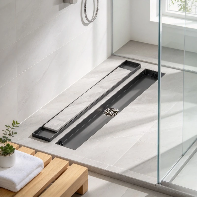 Gunmetal Hidden Linear Floor Drain, Rectangular Anti-Odor Shower Grate, Stainless Steel Side Outlet Channel Trap Cover Plus Kit.