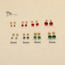 Size From 2mm to 5mm Stainless Steel Green Red Color Round Stond Screw-Back Stud Earrings  No Fade Allergy Free Brief Jewelry