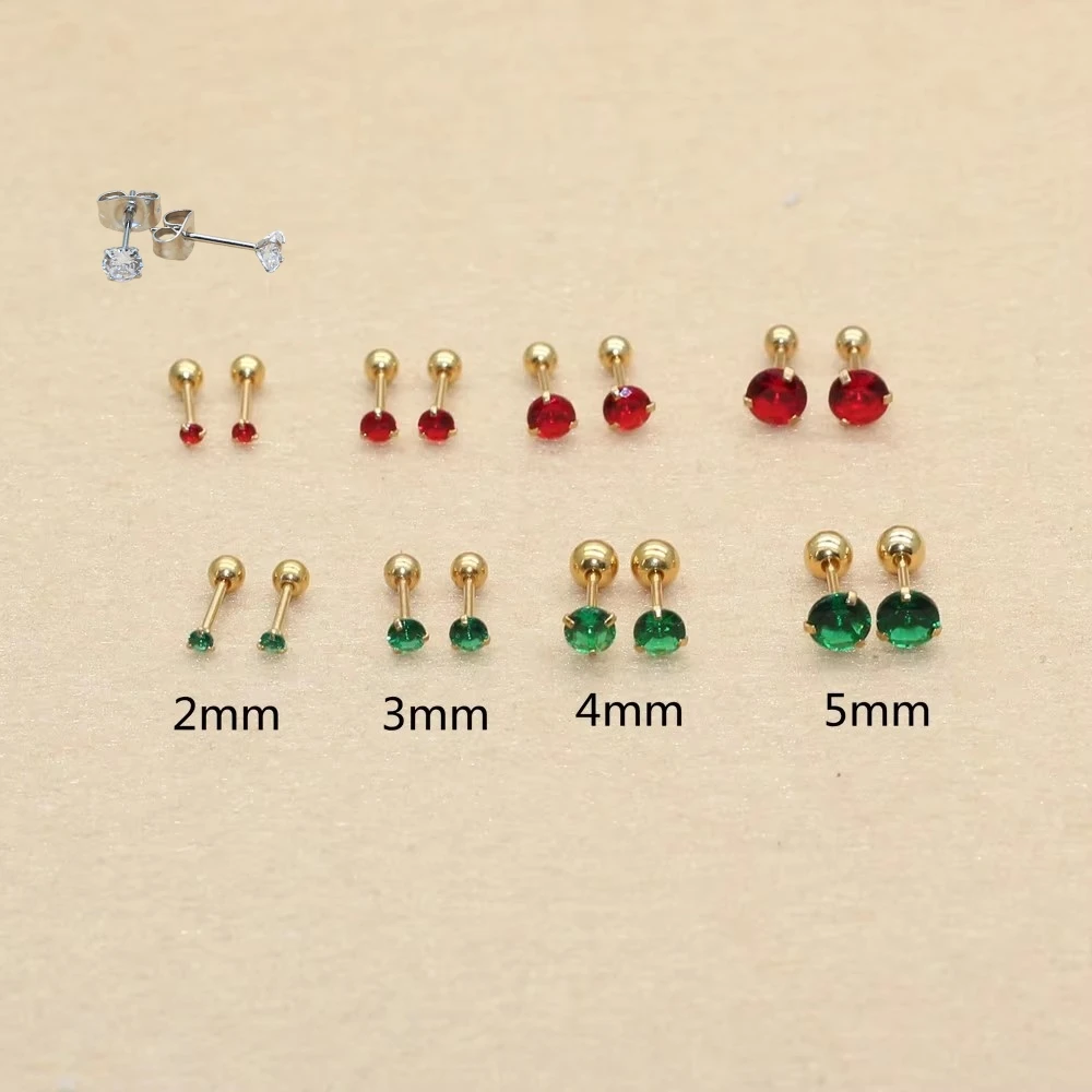 Rozmiar od 2mm do 5mm stal nierdzewna zielony kolor czerwony okrągły Stond Screw-Back stadniny kolczyki nie znikną dla alergików krótka biżuteria