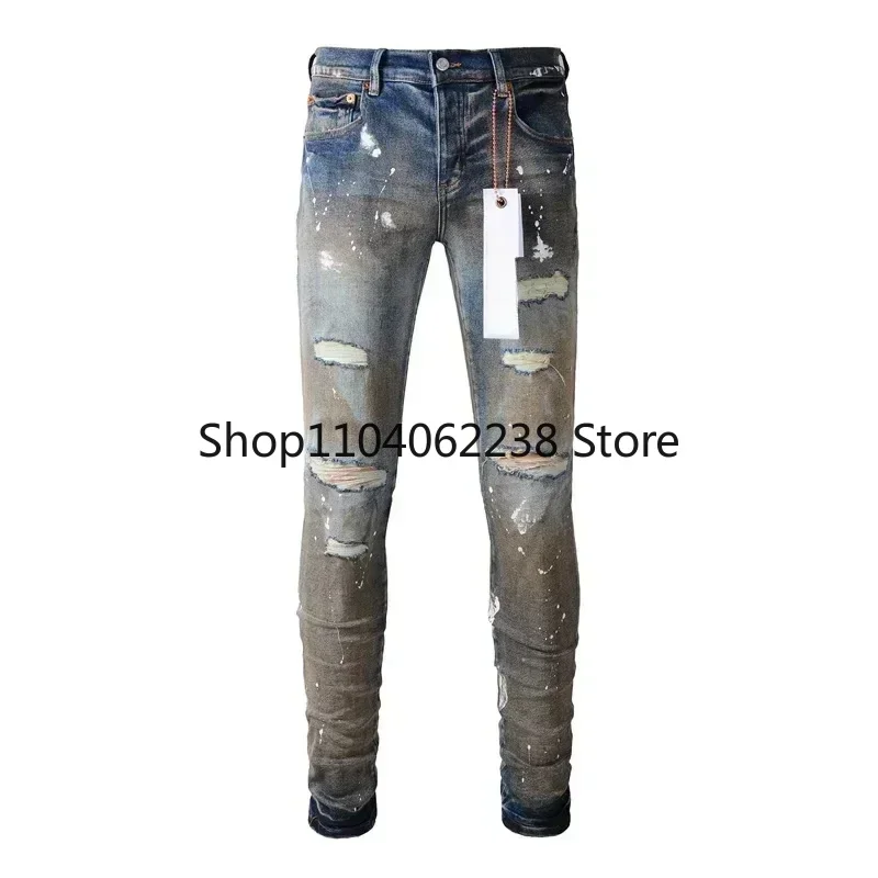 

2024 Fashion Purples Man brands jeans with distressed paint and distressed holes Fashion Repair Low Rise Skinny Denim pants