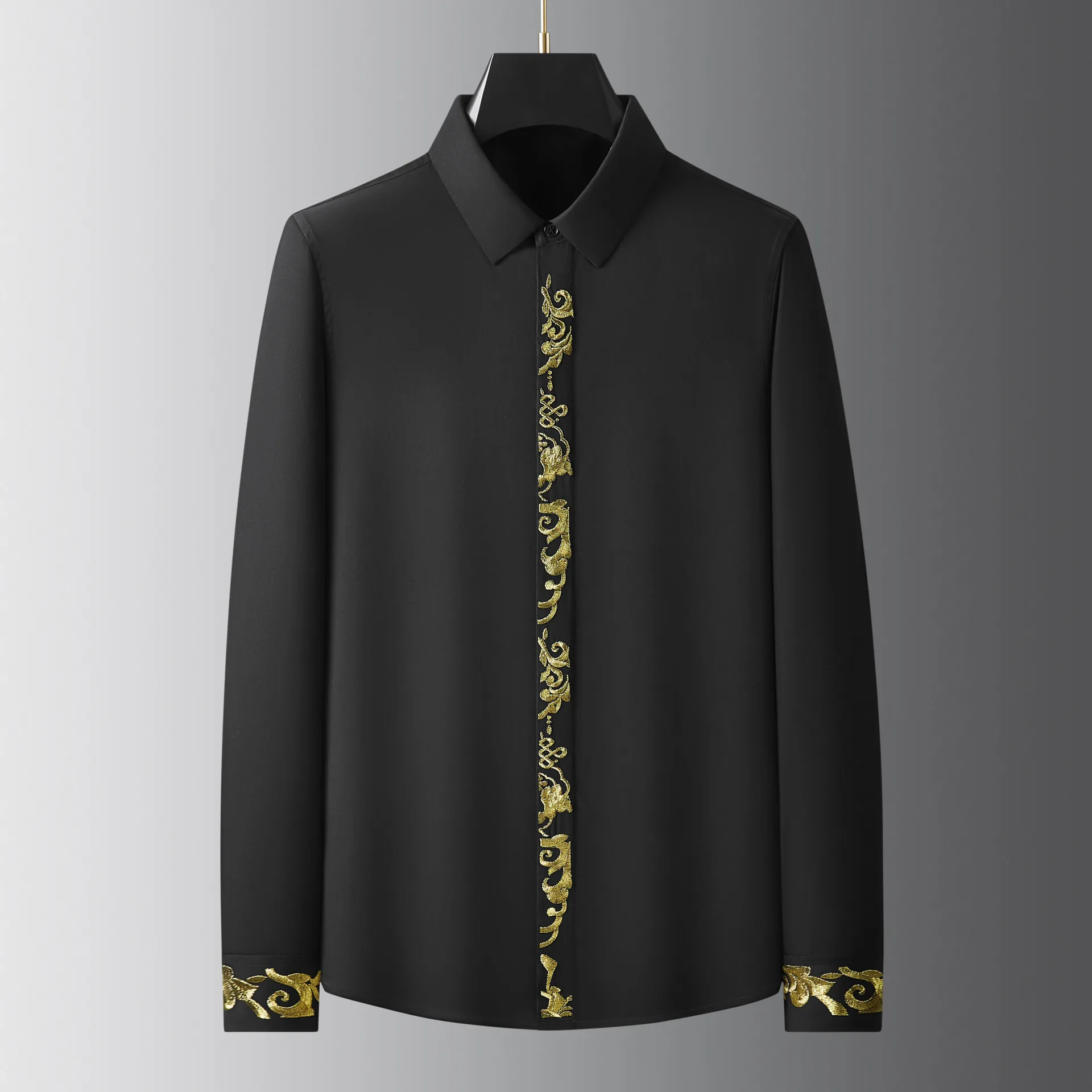

Luxury Gold Embroidered Men's Shirt Palace Style Casual Business Shirts Long Sleeve Banquet Party Social Dress Shirt Streetwear