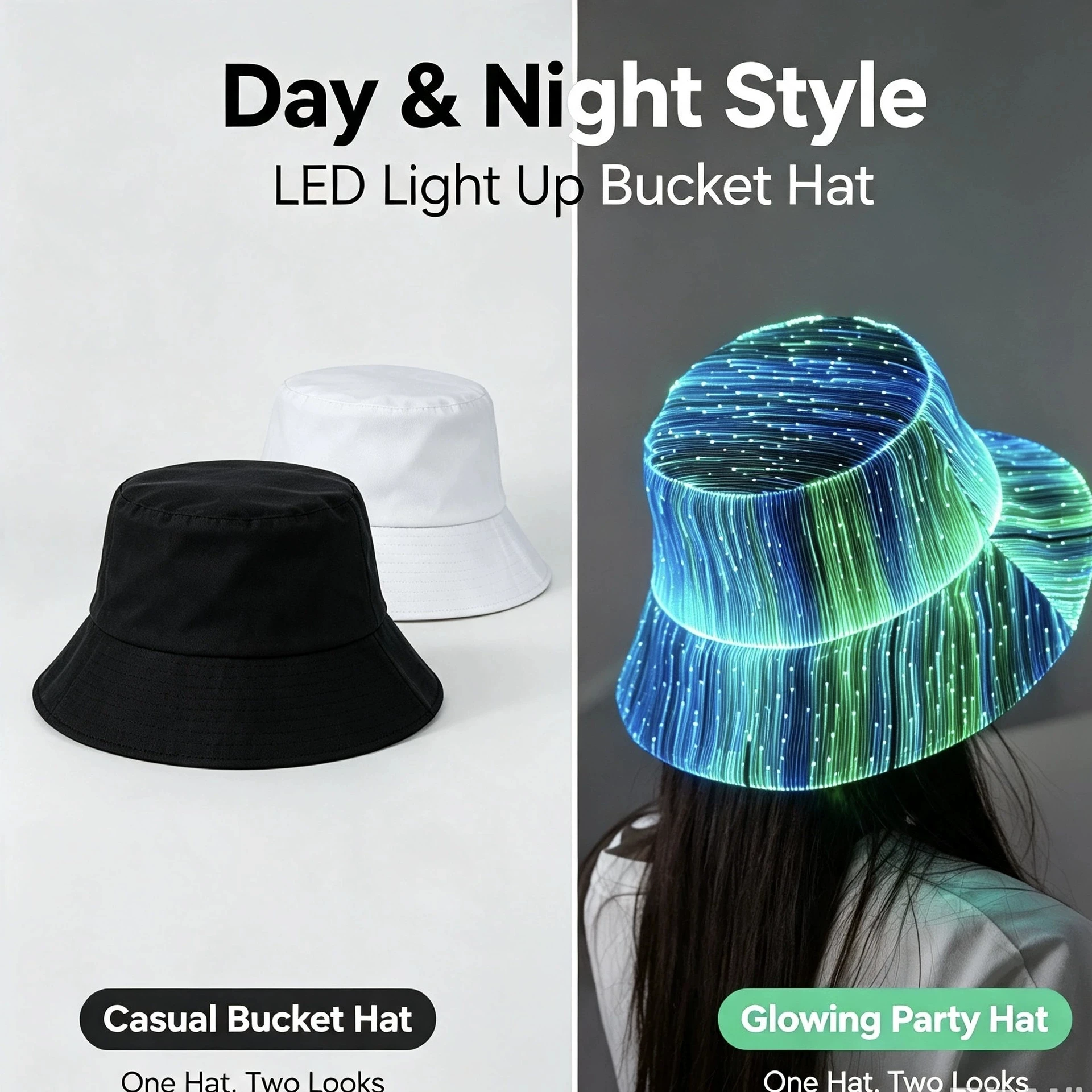 Fashionable Led Mutil-Color Luminous Glowing Hat Fiber Optic Cyberpunk Luminous Bucket Hat
