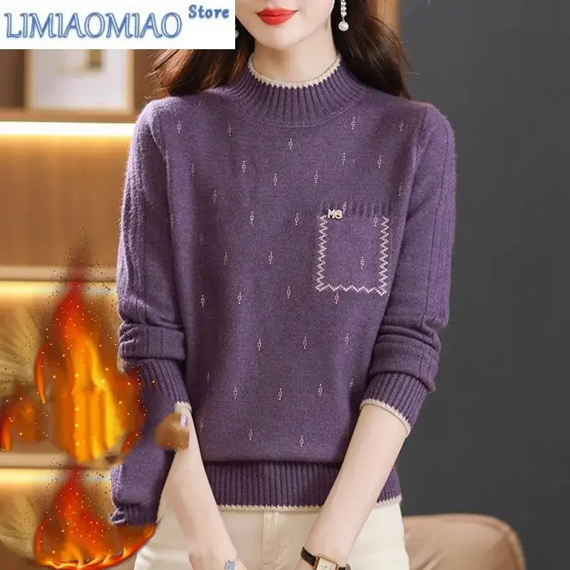 

Women Clothing Autumn Winter Round Neck Pullover Sweater Knitted Screw Thread Long Sleeve Solid Color Fashion Elegant Tops