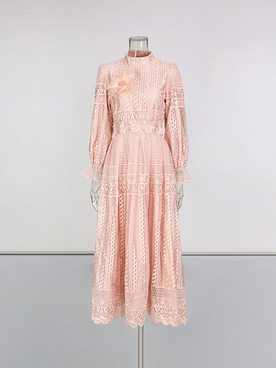 CHICEVER Solid Spliced Lace Dress Female Stand Collar Long Sleeve Loose Intellectual Elegant Women's Dresses Autumn Fashion New