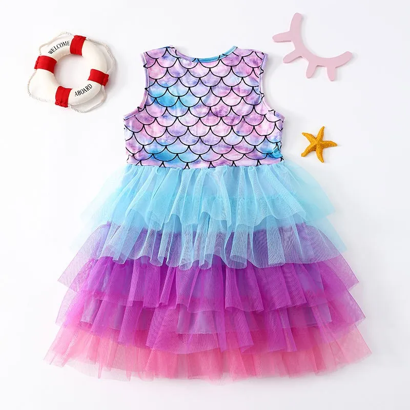 Toddler Girls Gradient Purple Blue Pink Tulle Tutu Dress Sleeveless Mermaid Scale Print Princess Gown Kids Birthday Photoshoot C