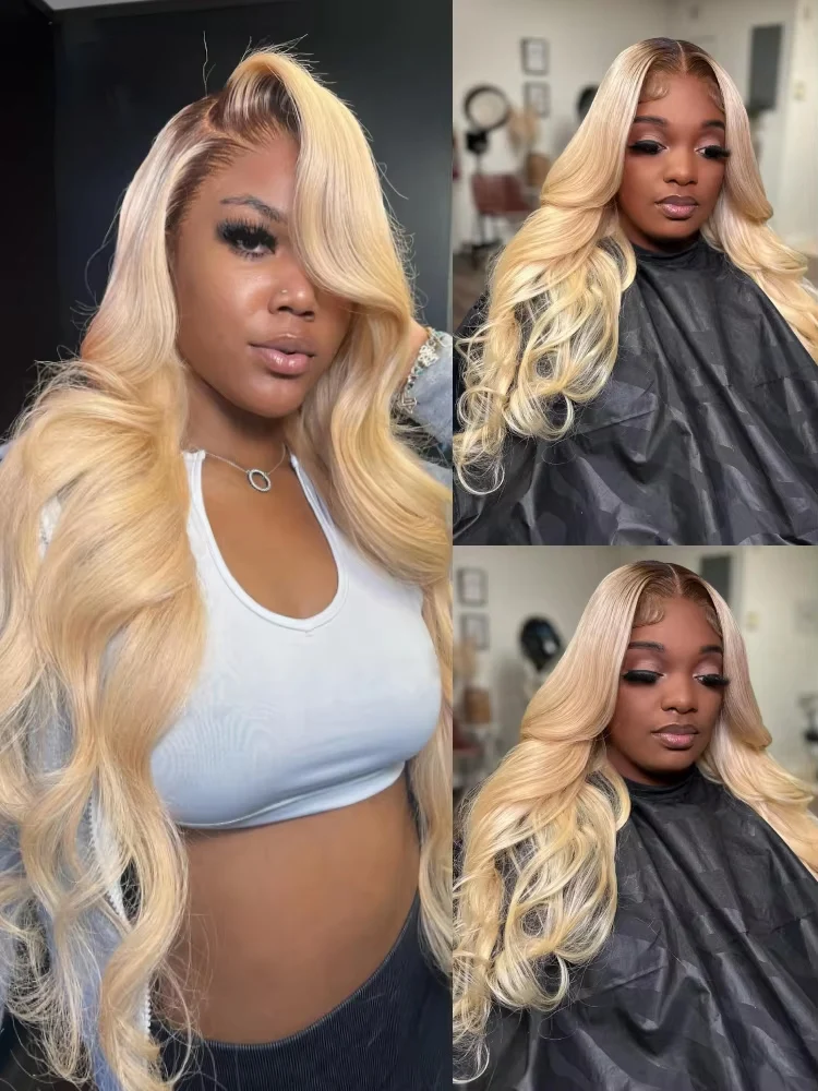 13x6 HD Transparent Lace Front Wig Brazilian Human Hair 1B 613 Blonde Ombre Body Wave 180 250 Density 28 Inch Realistic Hairline