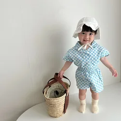 2025 Korean Summer Toddler Boy Clothes Set Cotton Solid Turn-down Collar Shirt Suit Plaid Elastic Waist Shorts Infant Boy Outfit