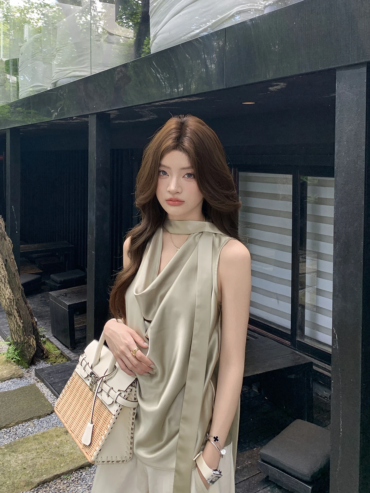 

Ele Loose Satin Svel Vest Women's Sle Summer High-End Feelings Draped Collar Top Outerwear Casual Knot